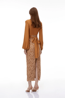 Sidony Brown Plunge Neck Lace Maxi Dress - Aura Muse