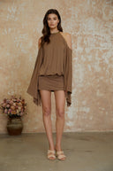 Sienna Brown Cold Shoulder Embellished Mini Dress - Aura Muse