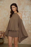Sienna Brown Cold Shoulder Embellished Mini Dress - Aura Muse