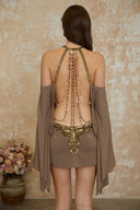 Sienna Brown Cold Shoulder Embellished Mini Dress - Aura Muse
