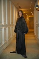 Sienna Rae Satin Pleat Maxi Dress in Black - Aura Muse