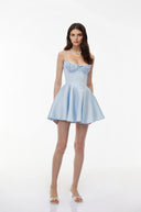 Sigrid Baby Blue Ruched Mini Dress with Lace Panels - Aura Muse