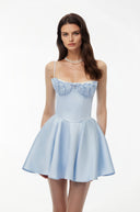 Sigrid Baby Blue Ruched Mini Dress with Lace Panels - Aura Muse