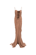 Silvana Camel Pleated Cape & 3D Floral Appliqué Dress Set - Aura Muse