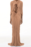 Silvana Camel Pleated Cape & 3D Floral Appliqué Dress Set - Aura Muse