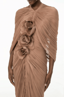 Silvana Camel Pleated Cape & 3D Floral Appliqué Dress Set - Aura Muse