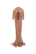 Silvana Camel Pleated Cape & 3D Floral Appliqué Dress Set - Aura Muse