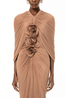 Silvana Camel Pleated Cape & 3D Floral Appliqué Dress Set - Aura Muse