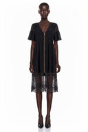Sirmione Black Ruffled Midi Dress with Lace Trim - Aura Muse