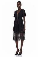 Sirmione Black Ruffled Midi Dress with Lace Trim - Aura Muse