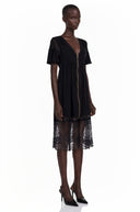 Sirmione Black Ruffled Midi Dress with Lace Trim - Aura Muse