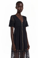 Sirmione Black Ruffled Midi Dress with Lace Trim - Aura Muse