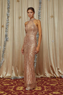 Sloane Rose Gold Halterneck Embellished Maxi Dress - Aura Muse