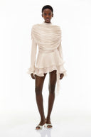 Sóley Cream Ruffled Ruched Mini Dress with Ribbon - Aura Muse