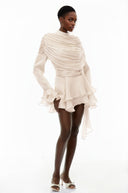Sóley Cream Ruffled Ruched Mini Dress with Ribbon - Aura Muse