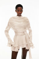 Sóley Cream Ruffled Ruched Mini Dress with Ribbon - Aura Muse