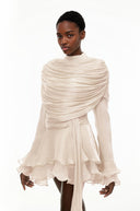 Sóley Cream Ruffled Ruched Mini Dress with Ribbon - Aura Muse