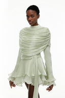 Sóley Sage Green Ruffled Ruched Mini Dress with Ribbon - Aura Muse