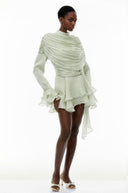 Sóley Sage Green Ruffled Ruched Mini Dress with Ribbon - Aura Muse