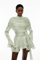 Sóley Sage Green Ruffled Ruched Mini Dress with Ribbon - Aura Muse