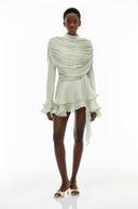 Sóley Sage Green Ruffled Ruched Mini Dress with Ribbon - Aura Muse