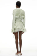 Sóley Sage Green Ruffled Ruched Mini Dress with Ribbon - Aura Muse