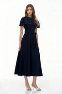 Sujata Blue Embellished Midi Dress with Cape - Aura Muse