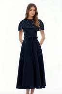 Sujata Blue Embellished Midi Dress with Cape - Aura Muse