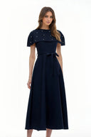 Sujata Blue Embellished Midi Dress with Cape - Aura Muse