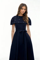Sujata Blue Embellished Midi Dress with Cape - Aura Muse