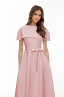 Sujata Pink Embellished Midi Dress with Cape - Aura Muse