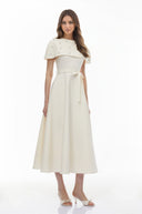 Sujata White Embellished Midi Dress with Cape - Aura Muse