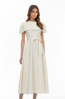 Sujata White Embellished Midi Dress with Cape - Aura Muse