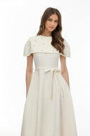 Sujata White Embellished Midi Dress with Cape - Aura Muse