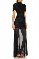 Sylvia Black Asymmetrical Ruched Mesh Maxi Dress - Aura Muse