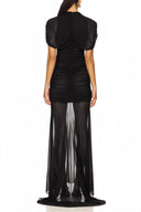 Sylvia Black Asymmetrical Ruched Mesh Maxi Dress - Aura Muse
