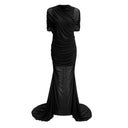 Sylvia Black Asymmetrical Ruched Mesh Maxi Dress - Aura Muse