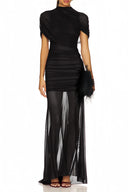 Sylvia Black Asymmetrical Ruched Mesh Maxi Dress - Aura Muse