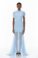 Sylvia Blue Asymmetrical Ruched Mesh Maxi Dress - Aura Muse