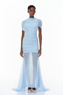 Sylvia Blue Asymmetrical Ruched Mesh Maxi Dress - Aura Muse