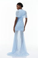 Sylvia Blue Asymmetrical Ruched Mesh Maxi Dress - Aura Muse
