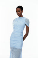 Sylvia Blue Asymmetrical Ruched Mesh Maxi Dress - Aura Muse