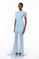 Sylvia Blue Asymmetrical Ruched Mesh Maxi Dress - Aura Muse