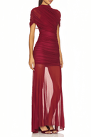 Sylvia Red Asymmetrical Ruched Mesh Maxi Dress - Aura Muse