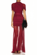 Sylvia Red Asymmetrical Ruched Mesh Maxi Dress - Aura Muse