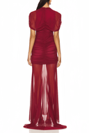 Sylvia Red Asymmetrical Ruched Mesh Maxi Dress - Aura Muse