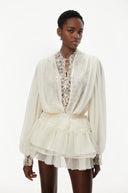 Sylviane White Lace Trim Blouse & Tiered Skirt Set - Aura Muse