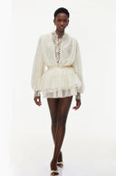 Sylviane White Lace Trim Blouse & Tiered Skirt Set - Aura Muse