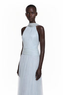 Téodora Baby Blue Halterneck Lace Maxi Dress with Cape - Aura Muse