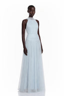 Téodora Baby Blue Halterneck Lace Maxi Dress with Cape - Aura Muse